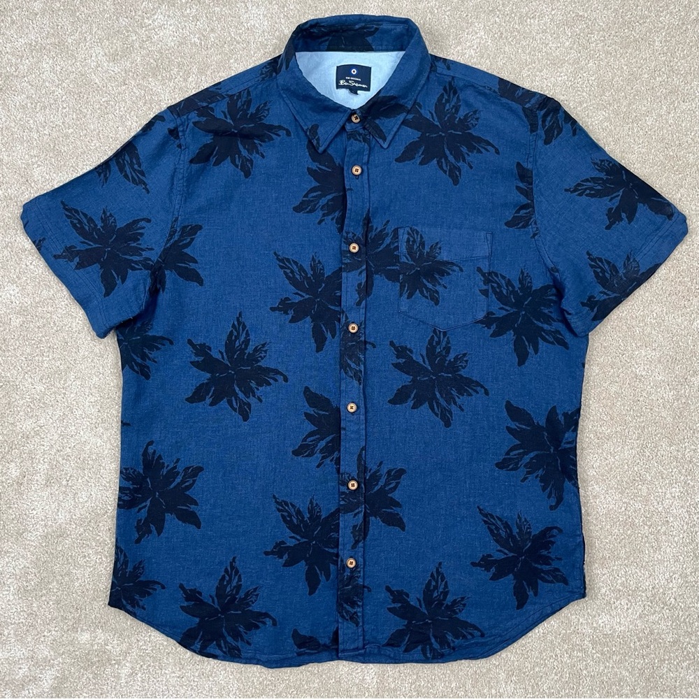 Ben Sherman Shirt Large Blue Button Up Floral Linen Blend Casual Preppy Men